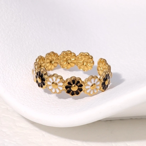 Bague Ouverte Ajustable Marguerite Acier Inoxydable Émail Élégant Bijoux Floraux Chic Français Pour Femmes