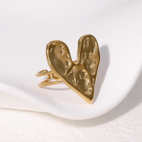 Anillo Abierto Ajustable Con Forma De Corazón De Acero Inoxidable Chapado En Oro De 18K Textura De Lava Para Mujer