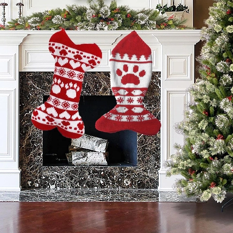 Knitted Christmas Stocking Bone Fish Shape Paw Print Snowflake Pattern Holiday Fireplace Hanging Decor Pet Lovers