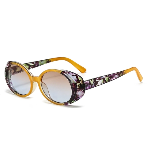 Occhiali Da Sole Ovali Retro Per Donna Montatura PC Protezione UV400 Lenti Sfumate Motivo Floreale Vintage