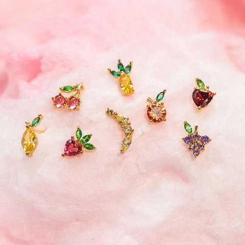 Pendientes de Botón de Circonia de Fruta Dulce Con Poste de Plata de Ley 925 Cereza Piña Sandía Fresa Joyería para Mujer