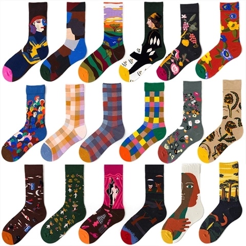 Artistic Vintage Abstract Portrait Pattern Crew Socks Cotton Blend Fashion Geometric Plaid Colorful Unisex Streetwear Socks