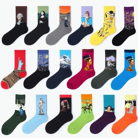 Artistic Famous Oil Painting Crew Socks Breathable Cotton Blend Retro Trendy Novelty For Men And Women
