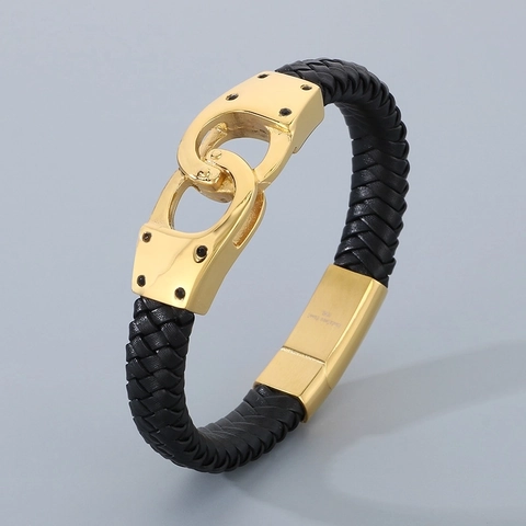 Pulsera De Cuero Trenzado Con Esposas Y Cierre Magnético De Acero Inoxidable 316L Joyería Punk De Moda Para Hombre