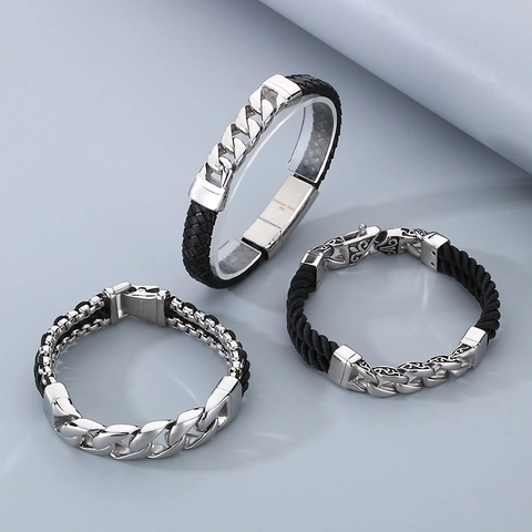 316L Edelstahl Panzerkette Echtes Leder Geflochtenes Armband Herren Retro Punk Magnetverschluss Schmuck Geschenk
