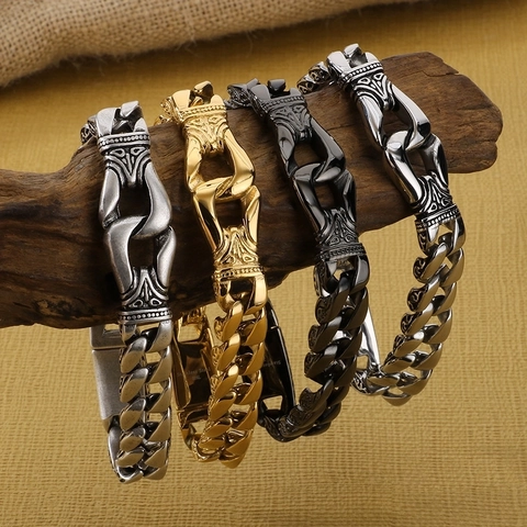 Men 316L Stainless Steel Bracelet Vintage Carved Totem Pattern Retro Cuban Link Chain Jewelry Biker Punk Style Masculine