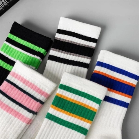 Cotton Blend Crew Socks Striped Ribbed Knit Breathable Mid Calf Sport Socks For Men Women