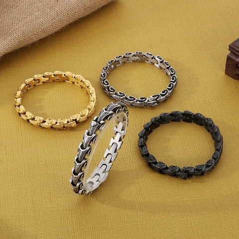 Pulsera De Cadena De Hueso De Dragón De Acero Inoxidable Vintage Para Hombre Punk Gótico Joyería Plata Antigua Oro Negro