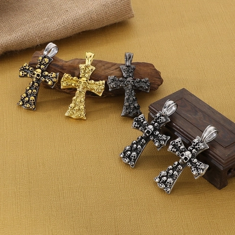 Gothic Skull Cross Pendant Necklace 316L Stainless Steel Retro Distressed Punk Jewelry For Men Halloween