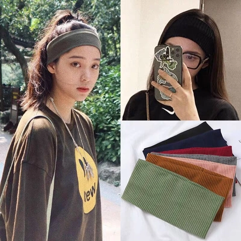 Knitted Headband Elastic Ribbed Fabric Wide Sports Yoga Running Hair Band For Women Solid Color Casual Headwear