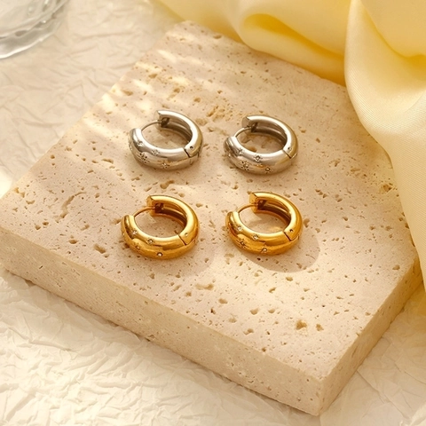 Pendientes De Aro Con Estrella Octogonal Y Diamantes De Imitación Acero Inoxidable Retro Francés Simple Redondo Joyería Para Mujer