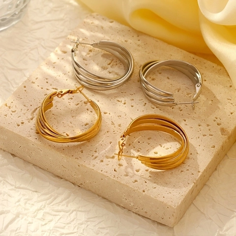 Boucles D'Oreilles Créoles Multicouches En Acier Inoxydable Pour Femmes Plaquées Or 18 Carats Géométriques Rondes Bijoux Mode