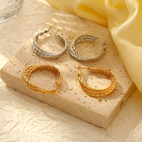 Pendientes de Aro Trenzados de Acero Inoxidable de Triple Capa Modernos para Mujer Bañados en Oro de 18K Plata Joyería de Moda