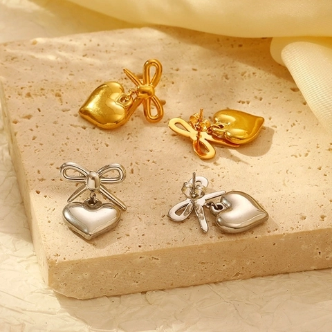 Ins Mode Schleife Herz Tropfen Ohrringe 18k Vergoldet Edelstahl Luxus Einzigartiger Schmuck Damen