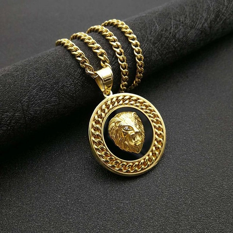 Collar Con Colgante De Cabeza De León De Acero Inoxidable Chapado En Oro Cadena Cubana Joyería Hip Hop