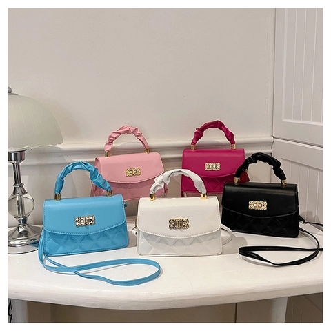 Women Quilted PU Leather Handbag With Ruched Handle Gold Turn Lock Crossbody Shoulder Bag Fashion Square Bag For Ladies