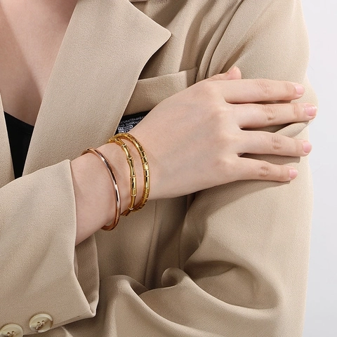 Bangle Bracelet 18K Gold Plated Stainless Steel Bamboo Style Polished Segmented Geometric Jewelry For Women Fashion
