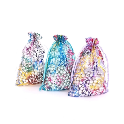 Colorful Coral Branch Pattern Organza Drawstring Bags Jewelry Packaging Gift Pouches For Wedding Party Favor Candy