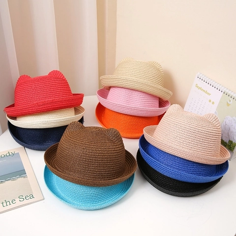 Lindo Sombrero de Paja de Papel con Orejas de Gato para Mujeres Niños Protección Solar Transpirable Ala Enrollada Fedora de Playa