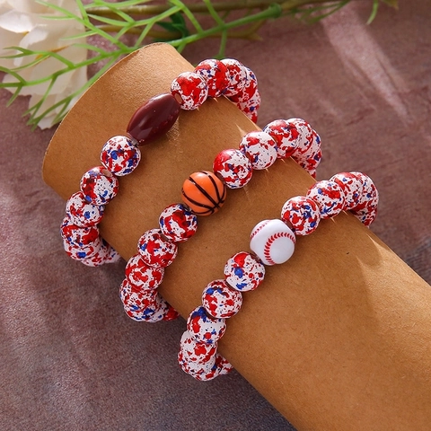 Sports Theme Wooden Beaded Bracelet Red White Blue Splatter Pattern Football Baseball Basketball Charm Unisex Jewelry