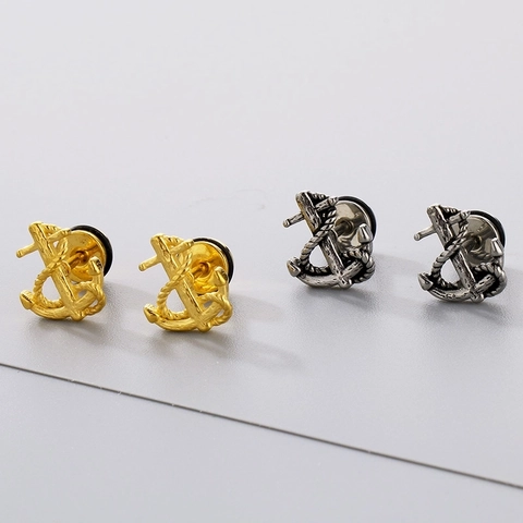 Pendientes De Botón De Ancla Vintage Acero Inoxidable Cuerda Náutica Textura Punk Rock Cierre De Rosca Para Hombres Mujeres