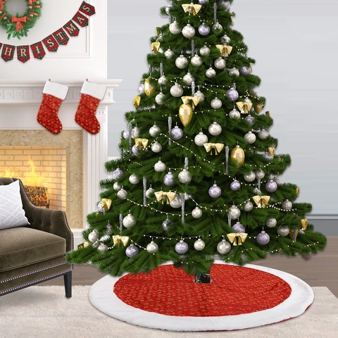 Weihnachtsbaum Decke Rot Kunstfell Goldene Schneeflocken Doppellagig Feiertagsdekoration