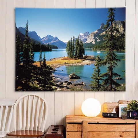 Arazzo Da Parete Paesaggio Natura Foresta Lago Girasole Stampa Poliestere Tessuto Decorativo Per Camera Decorazione Casa