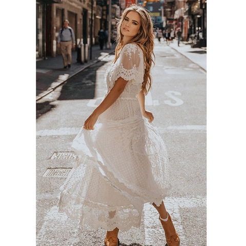 Abito Lungo da Donna Elegante Bianco con Scollo a V in Pizzo Ricamato Bohemian Gonna a Balze Manica Corta per Vacanza