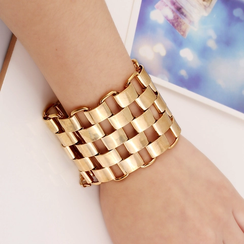 Broad Woven Metal Alloy Bracelet For Women Retro Bold Geometric Link Cuff Adjustable Polished Matte Finish Jewelry