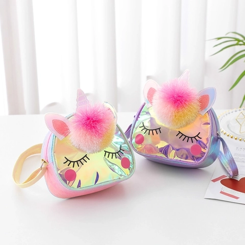 Borsa A Tracolla Forma Animale Cartone Animato Bambini Olografica Laser TPU Glitter Decorazione Pompon Per Ragazze