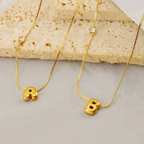 Puffy Initial Alphabet Pendant Necklace Stainless Steel Gold Plated With Small Zircon Fashion Jewelry Women