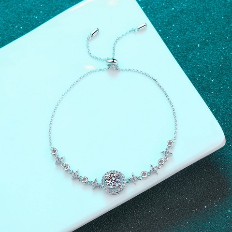 Bracelet En Argent Sterling 925 Moissanite Halo Rond Réglable Chaîne Coulissante Étoile Bijoux Élégants Femmes