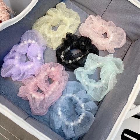 Organza Haargummis Mit Künstlichen Künstliche Perlen Mesh Elastische Haarbänder Pferdeschwanz Halter Süßer Feenstil Für Frauen Mädchen