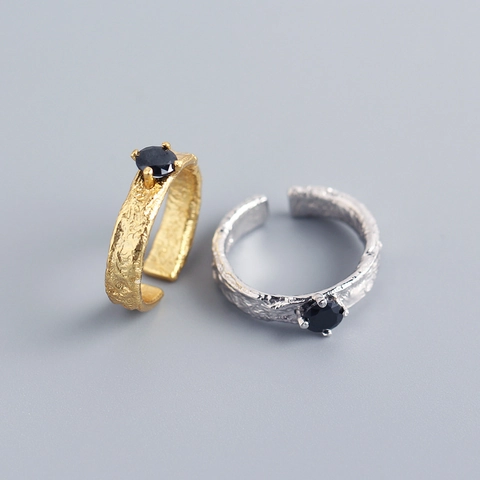 Anillo In Argento Sterling 925 Con Zircone Nero Trama Martellata Aperto Regolabile Gioielli Vintage Geometrici Da Donna