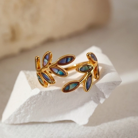 Leaf Adjustable Ring Gold Plated Stainless Steel With Iridescent Inlay Retro Elegant Jewelry For Women