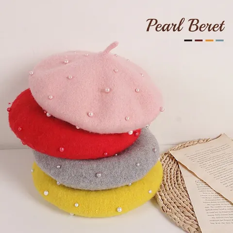 Kids Girls Woolen Beret Hat With Faux Artificial Pearl Elegant Sweet Warm Winter Artist Cap For Toddler Travel Outdoor