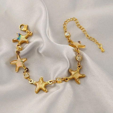 Starfish Charm Bracelet Gold Plated Stainless Steel With Abalone Shell And Zircon Adjustable Ocean Jewelry For Women