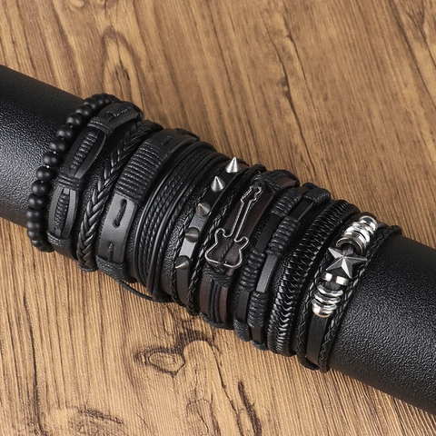 Punk Rock Mehrlagig Gewebt Leder Armband Für Herren Vintage Legierung Stern Gitarre Anhänger Verstellbar Handschnur Handgelenkband Schmuck Geschenk