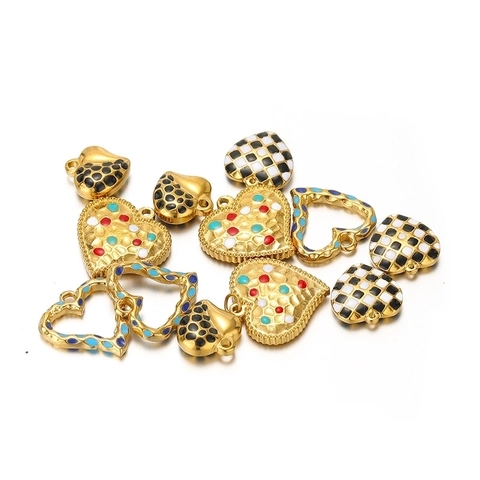 Pendentifs Coeur En Acier Inoxydable Pour Création De Bijoux DIY Charms Émail Coloré À Carreaux Et Pois Accessoires Dorés