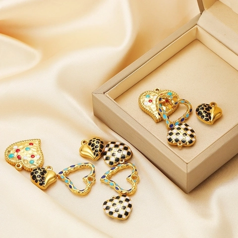 Pendentifs Coeur En Acier Inoxydable Pour Création De Bijoux DIY Charms Émail Coloré À Carreaux Et Pois Accessoires Dorés