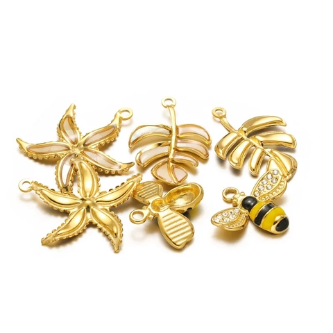 DIY Sieraden Maken Bedeltjes Roestvrij Staal Gouden Zeester Schelp Emaille Bij Palmblad Hangers Voor Oorbellen Kettingen