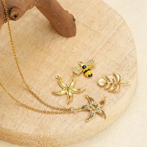 DIY Sieraden Maken Bedeltjes Roestvrij Staal Gouden Zeester Schelp Emaille Bij Palmblad Hangers Voor Oorbellen Kettingen