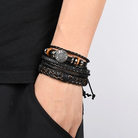 Mehrlagiges Lederarmband Für Herren Vintage Geflochtenes Rindsleder Legierung Holzperlen Verstellbarer Punk Gothic Schmuck