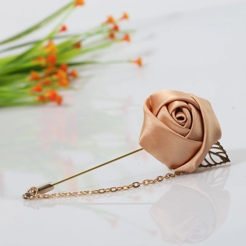 Satin Rose Flower Lapel Pin With Chain And Leaf Alloy Brooch For Suits Wedding Formal Party Men Women Accessories