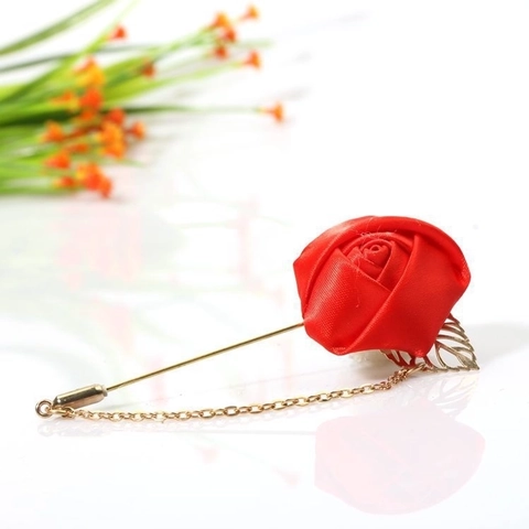 Satin Rose Flower Lapel Pin With Chain And Leaf Alloy Brooch For Suits Wedding Formal Party Men Women Accessories