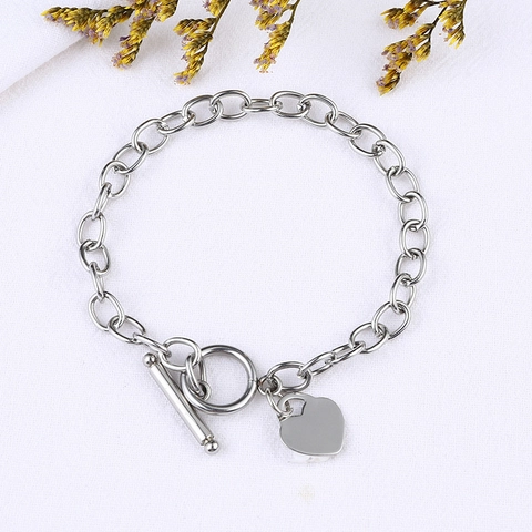 Minimalistisches Edelstahl Herz Anhänger Knebelverschluss Gliederkette Armband Für Damen Herren Poliertes Silber Mode Schmuck