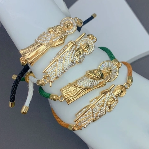 Bracciale Religioso San Giuda in Rame da Donna Zirconia Micro Intarsiata Oro Placcato Bracciale Regolabile in Corda Intrecciata Regalo Gioielli