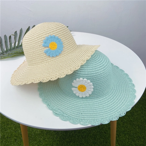 Chapeau de Paille d'Été Pare-Soleil Paille Tissée Bord Festonné Marguerite pour Enfants Femmes Filles Parent-Enfant