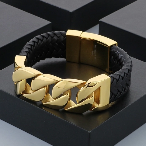 Pulsera Para Hombre De Cuero Trenzado Con Eslabón Cubano De Acero Inoxidable 316L Cierre Magnético Joyería Punk