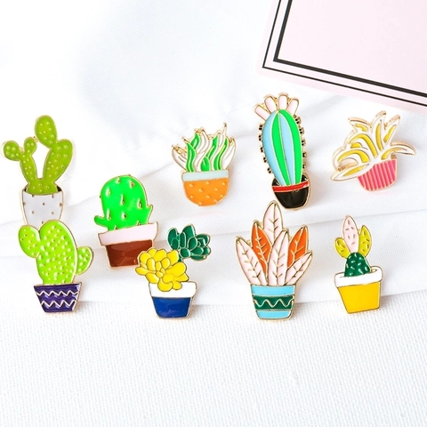 Japanese Harajuku Style Fresh Cactus Succulent Potted Plant Enamel Brooch Pin Creative Alloy Plant Badge Jewelry For Women
